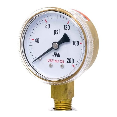 Engineered Specialty Products, Inc PIC Gauges 2" UNO Pressure Gauge, 1/4" NPT, Dry, 0/200 PSI, Lower Mount, 501D-UNO-204G 501D-UNO-204G
